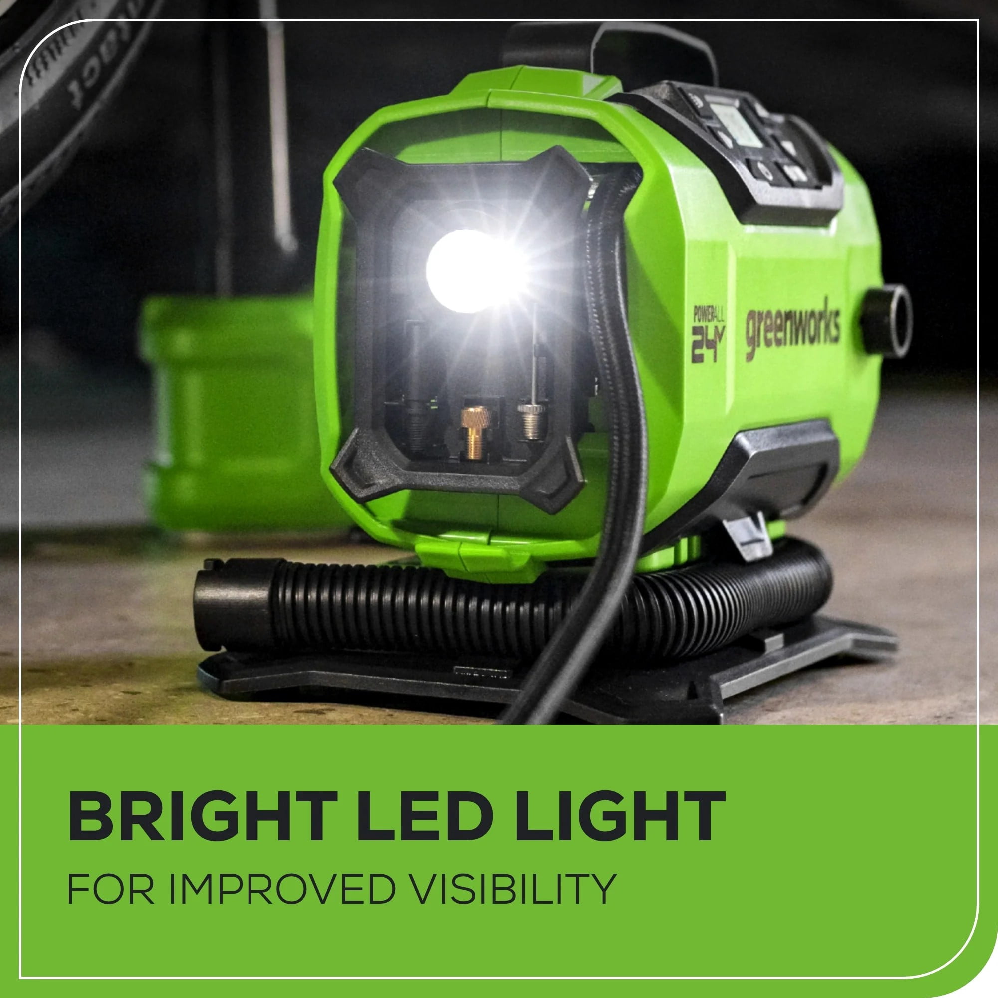 Greenworks 24V Portable Air Compressor, Cordless Tire Inflator, Max 160 PSI, with Usb (Power Bank) 2Ah Battery and 2A Charger