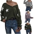 thumbnail image 2 of Utoimkio Star Print Off Shoulder Sweater for Women Plus Size Pullover V Neck Long Sleeve Cable Knitted Casual Loose Lightweight Sweaters for Women, 2 of 3