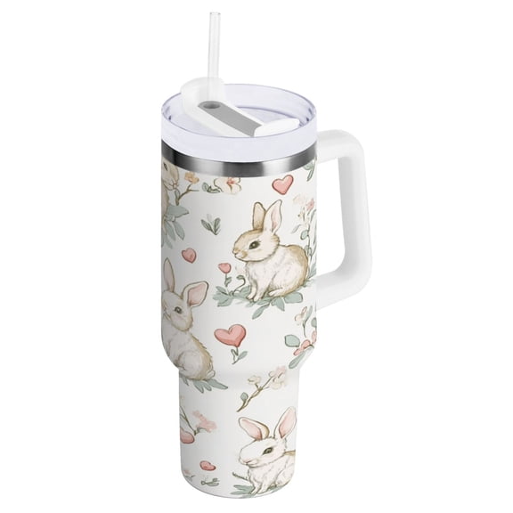 Stainless Steel Tumbler with Straw and Handle, Double Wall Insulated Tumblers, Soft Pastel Bunnies