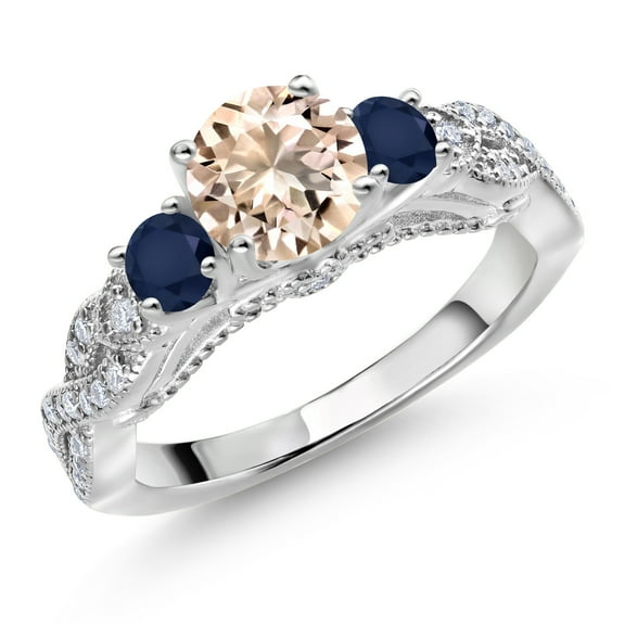 Gem Stone King 925 Sterling Silver Peach Morganite Blue Sapphire and White Moissanite Engagement Ring for Women (1.17 Cttw, Gemstone October Birthstone, Round 6MM and 3MM, Size 5)