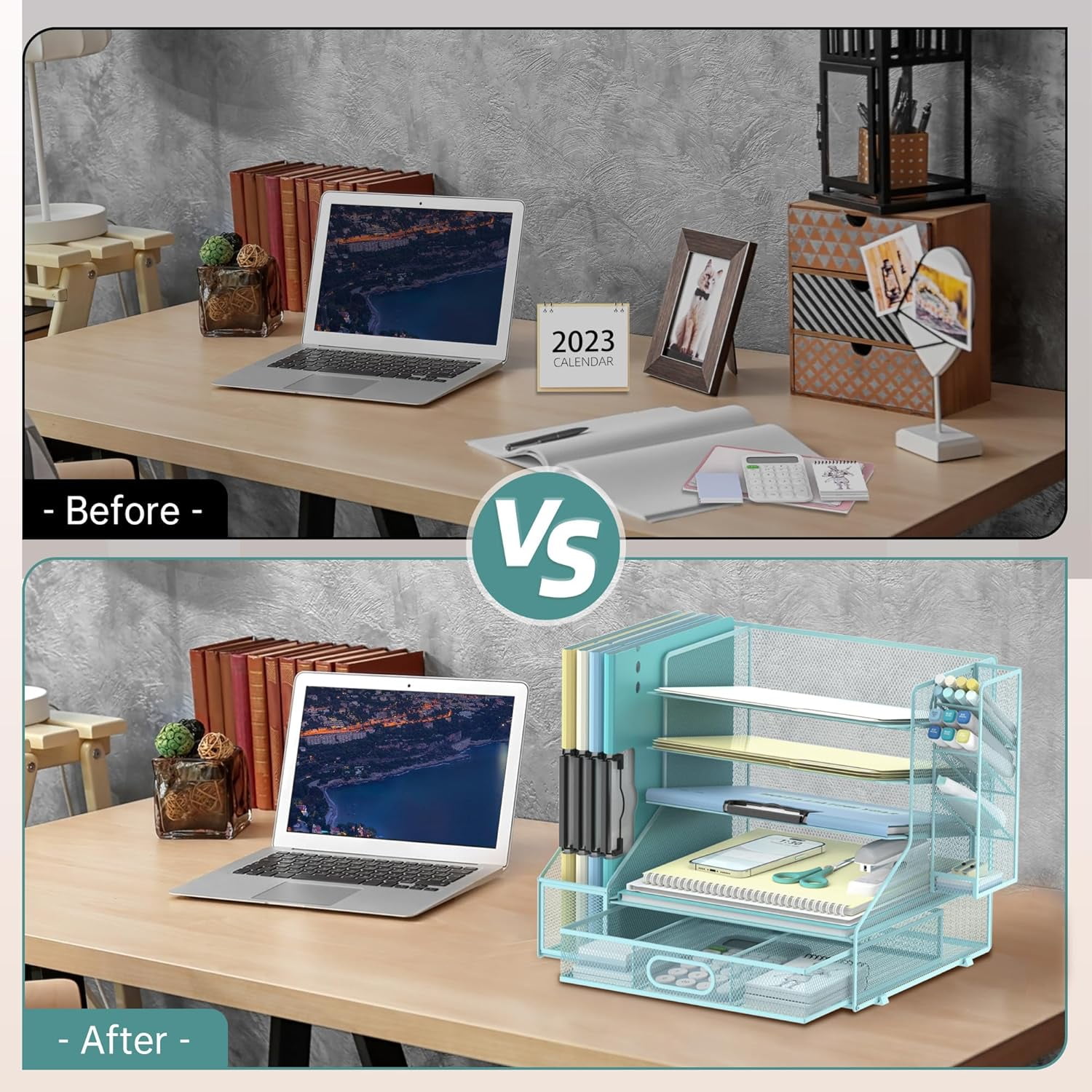 INTIGE Paper Organizer for Desk with 3 Pen Holders, 5-Tier Desk Organizer Tray with Handles, Metal File Organizer Storage