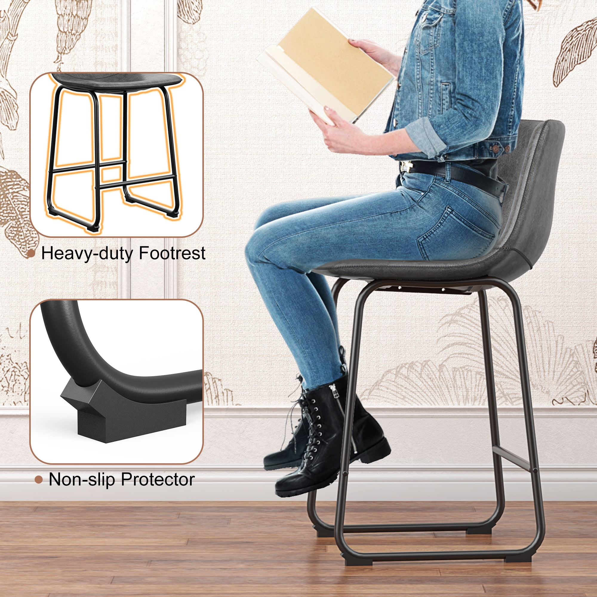 LainTene 26" PU Leather Bar Stools Set of 2 – Modern Counter Height Stools with Back, Footrest & Sturdy Metal Legs for Kitchen, Bar, Living Room, Gray