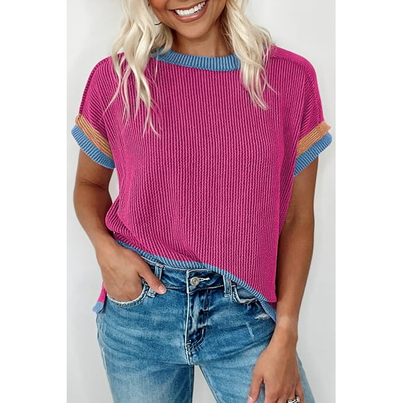 FOLUNSI Vibrant Pink Tee with Trim - Summer Style Stealer!