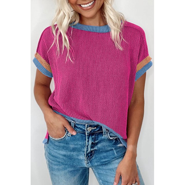 a.Jesdani Vibrant Pink Textured Tee with Contrast Trim - Hot Summer Look!