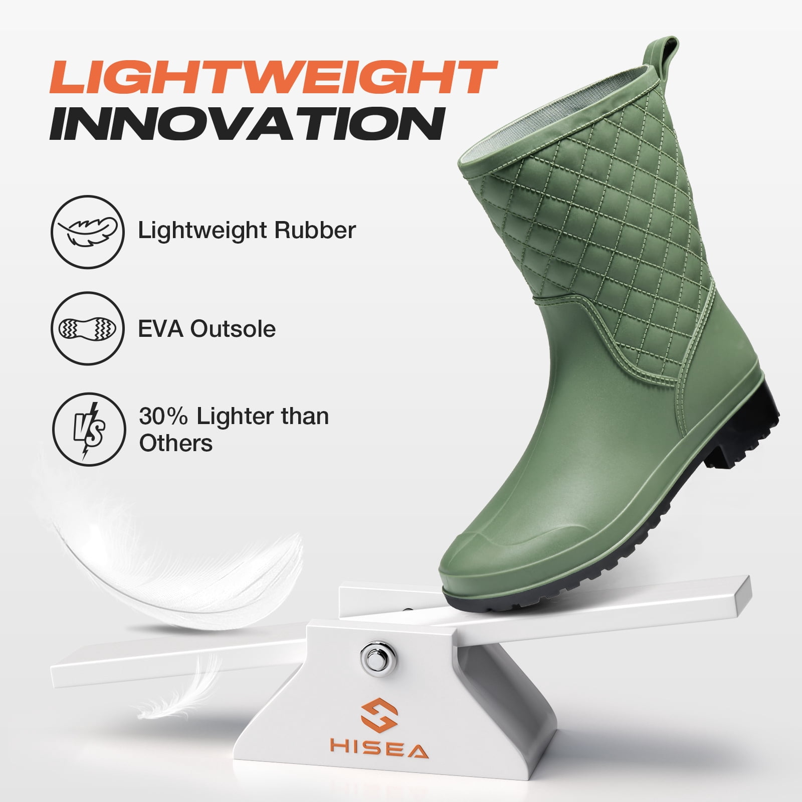 HISEA Women's Waterproof Mid-Calf Rain Boots, Lightweight, Slip-Resistant, Comfortable with Foam Insole,Green,Size 6
