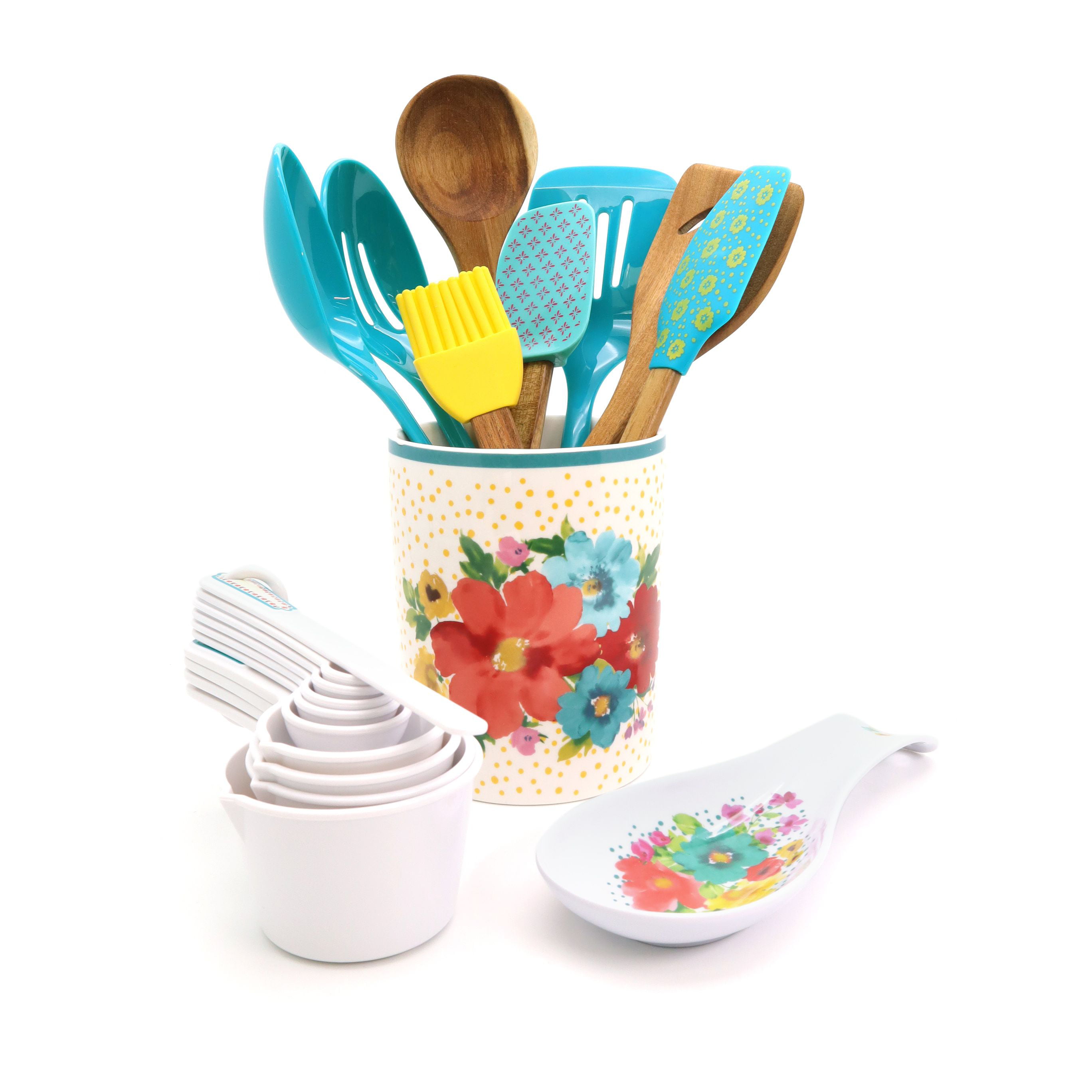 The Pioneer Woman 6-Piece Crock and Wooden Set, Slotted Spoon, Slotted  Spatula, Solid Turner, Solid Spoon, and Crock in Breezy Blossom 