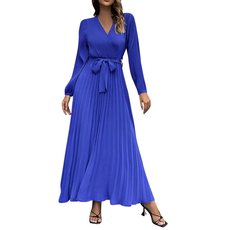 Dresses for Women 2023 Wedding Guest Autumn And Winter Women's Long Sleeved  V Neck Dress Pleated A Line Skirt In The Long Casual Skirt