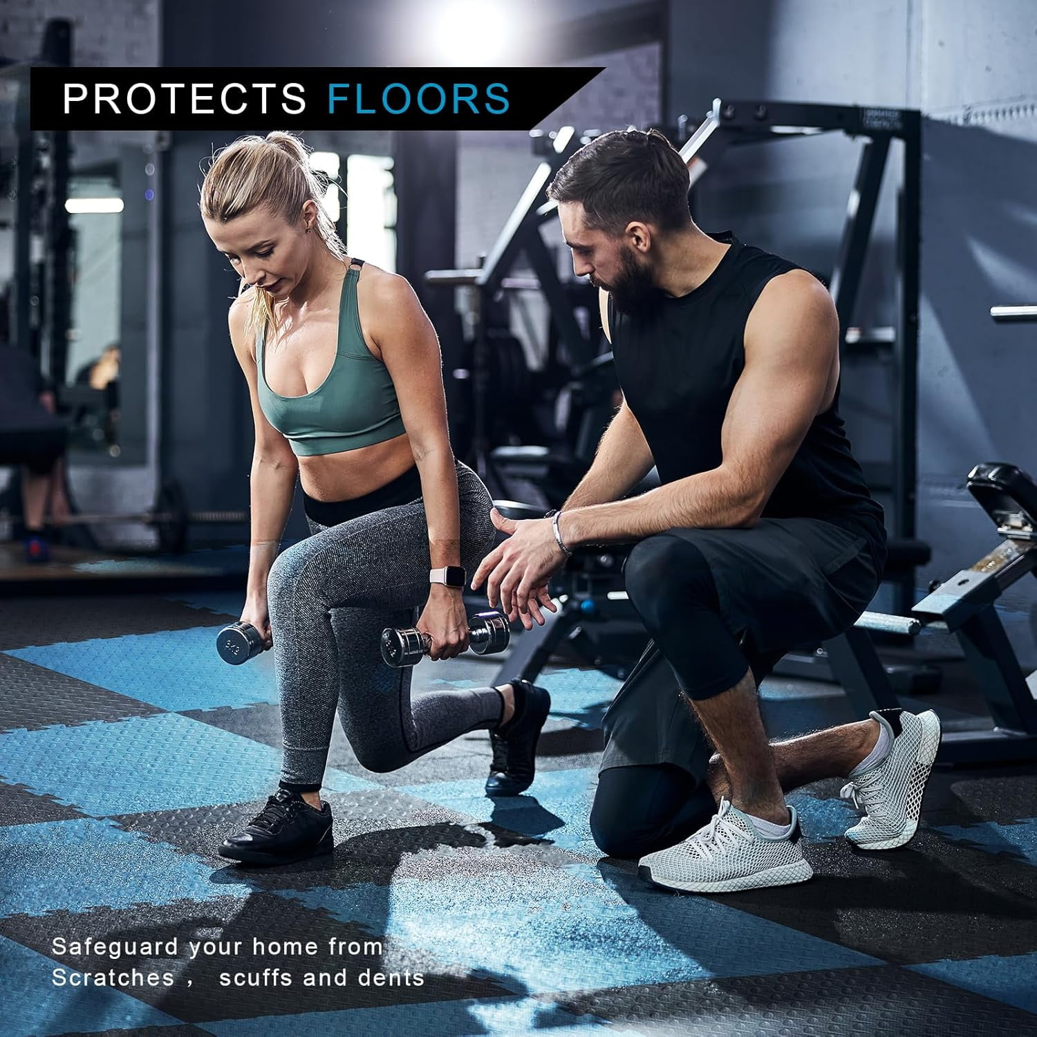 1 in Thick 48 Sq Ft EVA Foam Exercise Gym Mats 12 Pcs - Interlocking Puzzle Floor Tiles for Home Gym Heavy Workout Equipment Flooring - 24 x 24in Tile, Black & Blue