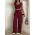 thumbnail image 4 of PRETTYGARDEN Women's 2 Piece Matching Lounge Sets Ribbed Short Sleeve Crop Tops Wide Leg Pants Summer Airport Outfits, 4 of 10