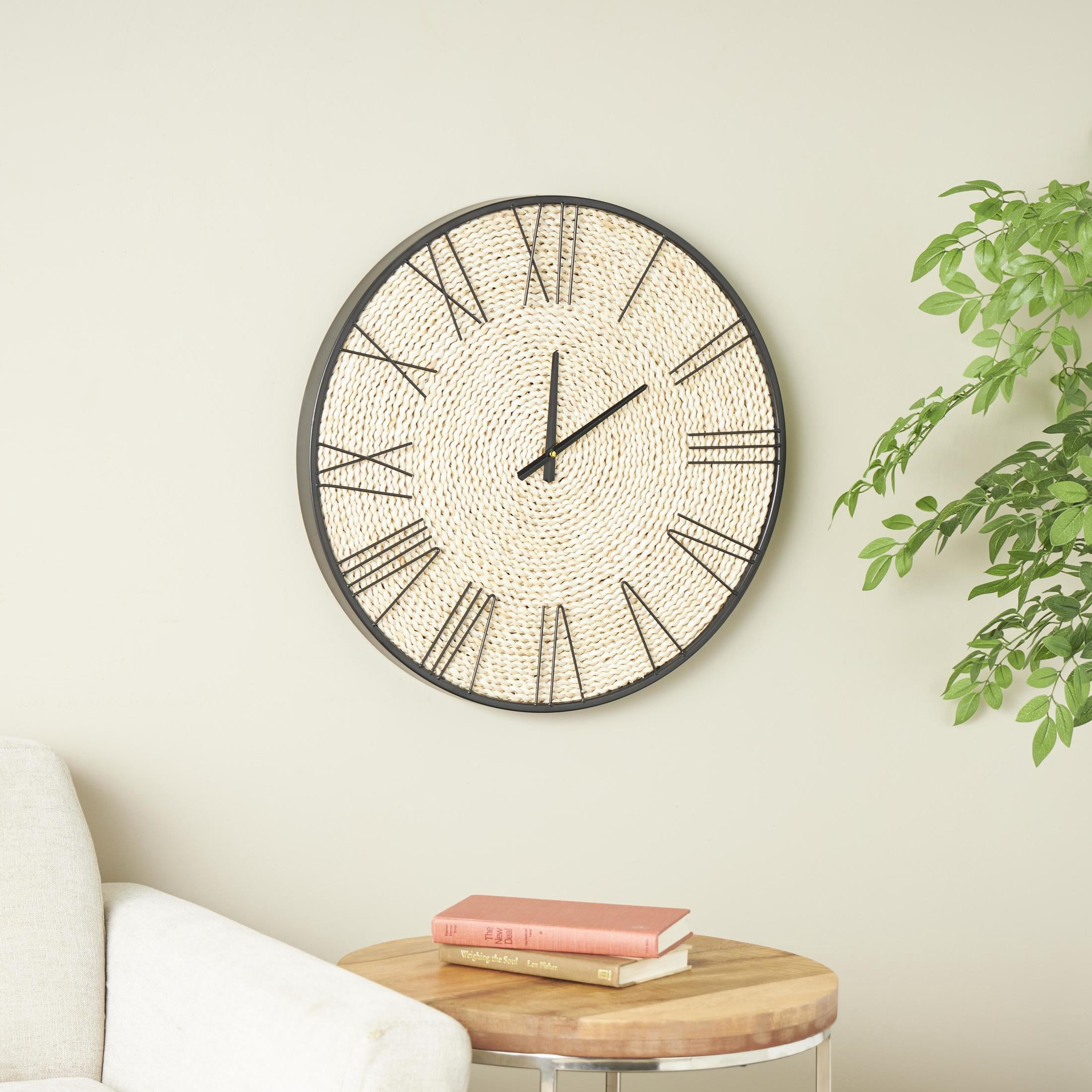 DecMode 24" Brown Jute Rope Coiled Wall Clock with Black Metal Frame