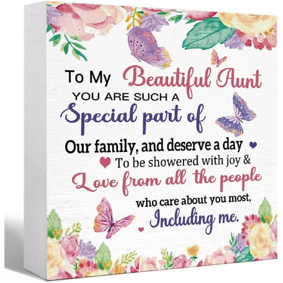 Wooden Box 5x5 Inch Aunt Gift From Niece Or Nephew,To My Beautiful Aunt You Are Such A Special Part Of Our Family Quote Butterfly Wood Block Sign Desk Decor For Aunt,Mother’S Day Birthday