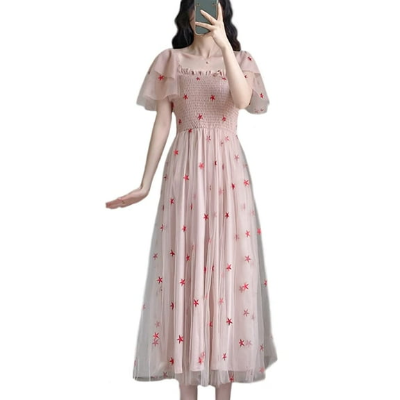 YM YOUMU Women Square Neck Smocked Flutter Sleeve Stars Tulle Princess Sweet A Line Dress