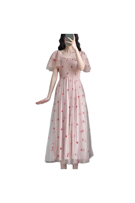 Women Square Neck Smocked Flutter Sleeve Stars Tulle Princess Sweet A Line Dress