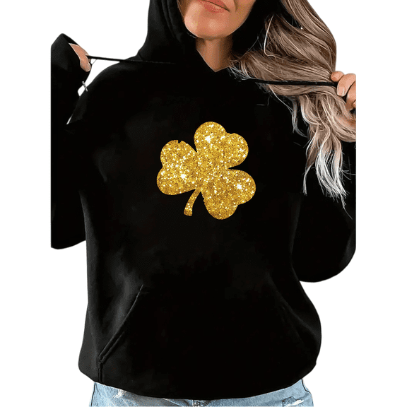 Black Print Hoodie Sweatshirt with Glitter Gold Shamrock Graphic Sweatshirt for St Patricks Day Casual Shirts Tops S-2XL
