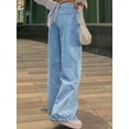 thumbnail image 2 of Women's High - Waisted Wide - Leg Jeans Loose Fit Retro Minimalist Trend Casual Everyday Sexy Straight Pants-Diagonal Pocket Jeans Cotton Denim Classic Button Design Multiple Washes (Blue/Gray) Casua, 2 of 4
