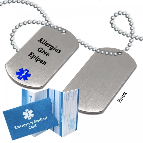 Pre-engraved "ALLERGIES GIVE EPIPEN" Stainless Steel Medical Alert Dog Tag for Men and Women. Emergency Medical Card, Complimentary 12-Month Access PHR Personal Health Record!