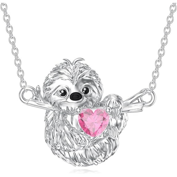 DVEATR Sloth Necklace 925 Sterling Silver Cute Sloth Pendant with Heart Birthstone Jewelry for Women Christmas Gifts