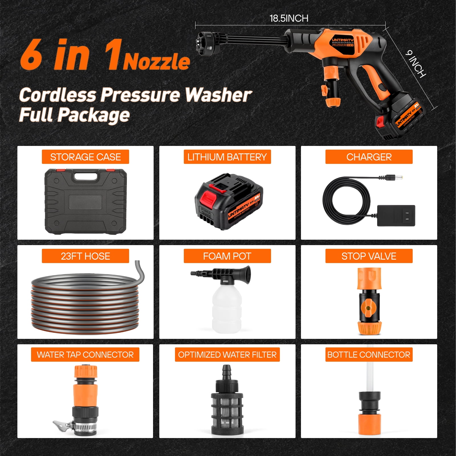 UNTIMATY Cordless Pressure Washer,1000PSI Cordless Power Washer with 6-in-1 Adjustable Nozzle,4.0Ah Battery Pressure Power Cleaner with 23ft Hose for Watering,Cleaning,Car Washing,Floor Washing