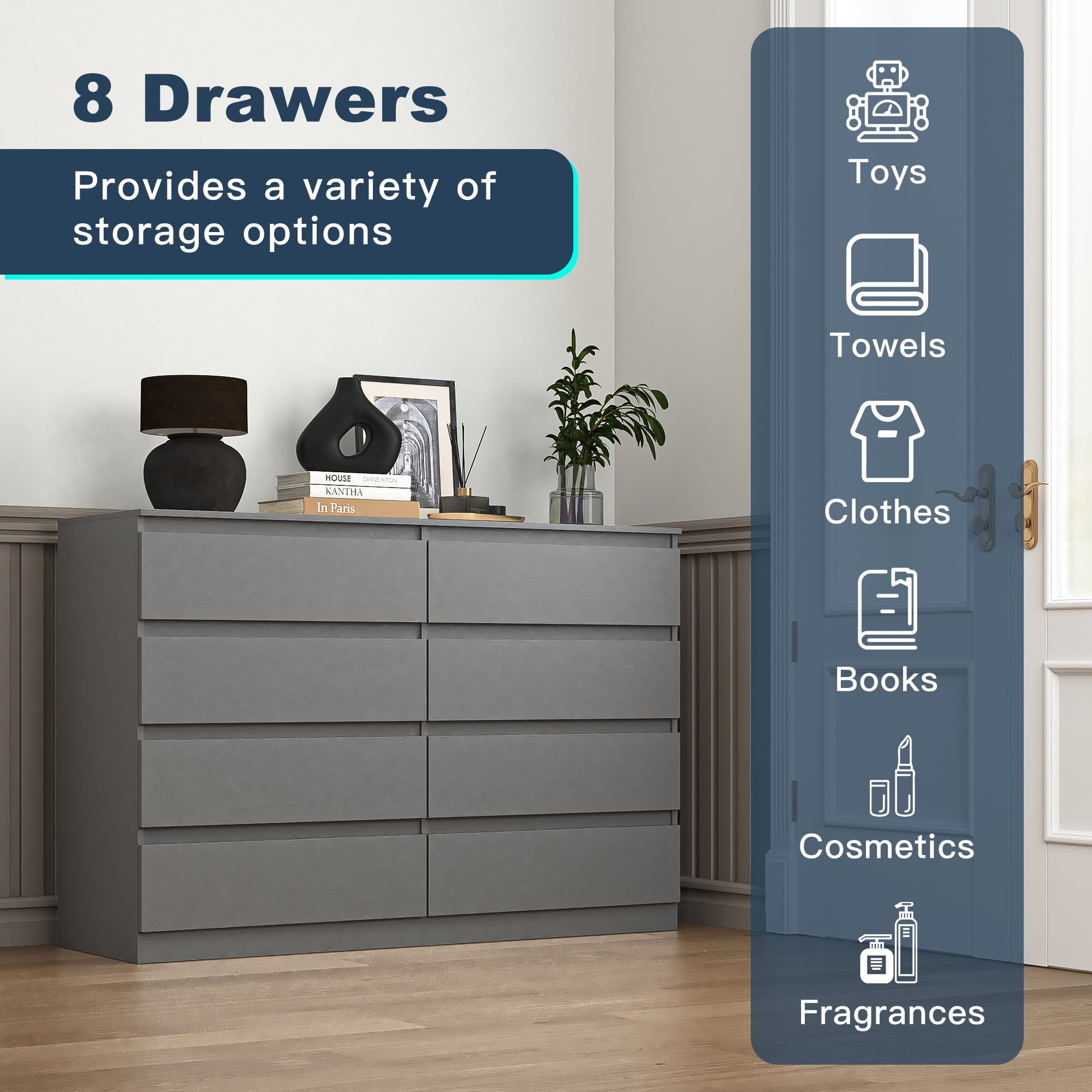 Demi Bonn 8 Drawer Double Dresser, Modern 8 Chest of Drawers with Deep Drawers, Wide Storage Organizer Cabinet for Living Room, Gray