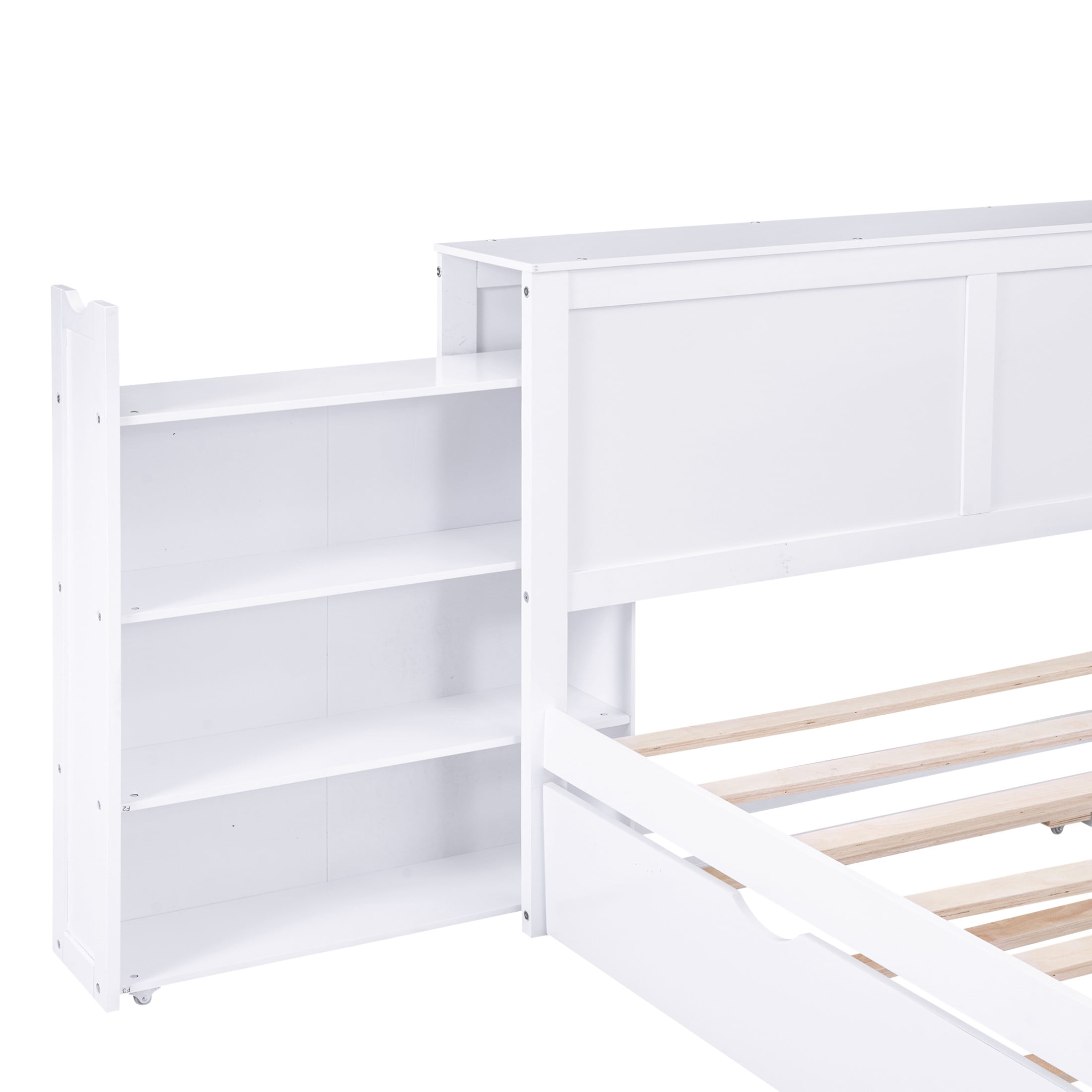 Noble House Fenfi Queen Size Storage Platform Bed with Pull Out Shelves and Twin Trundle, Solid Pine Wood Frame, White