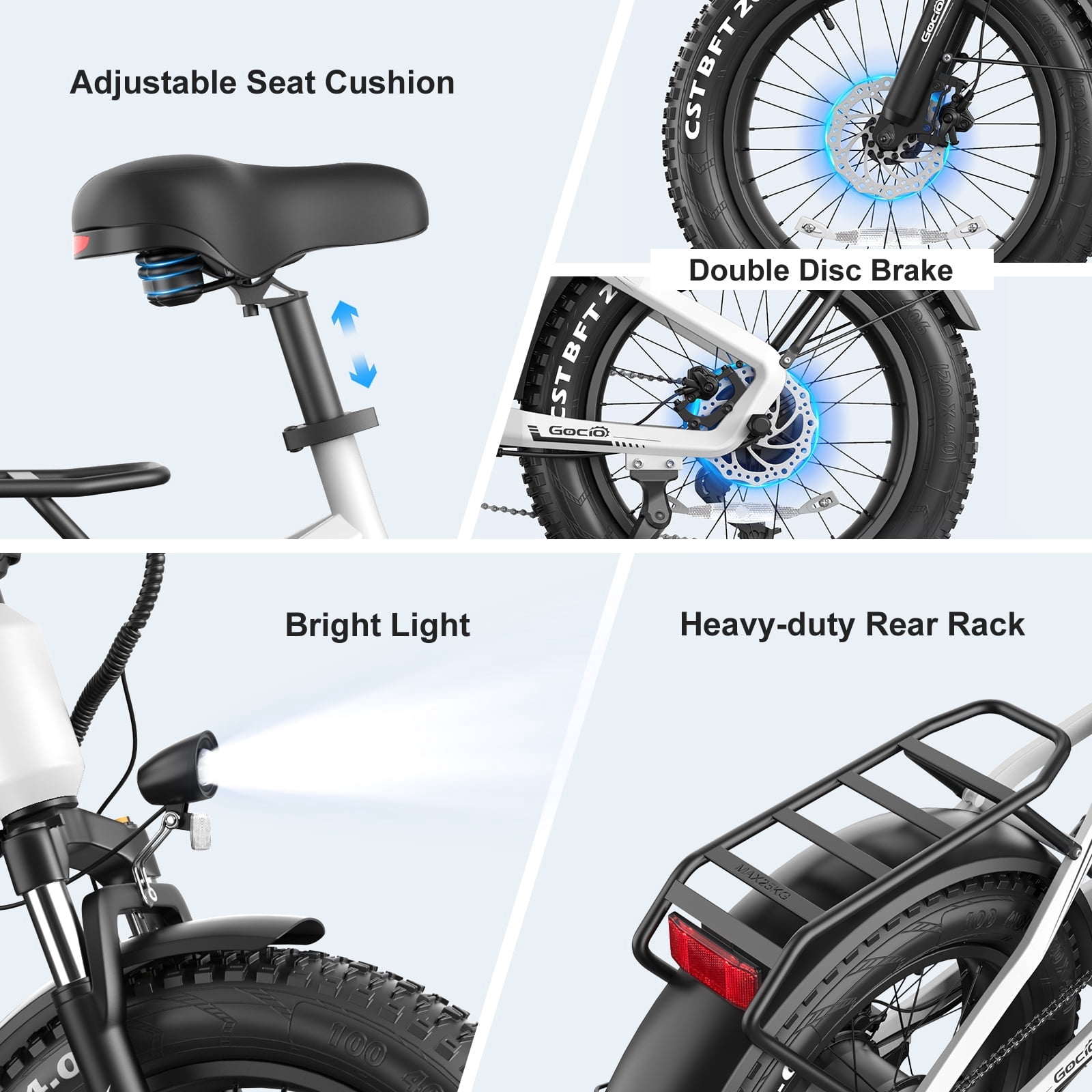 Gocio Electric Bike for Adults, Peak 1025W Mountain E Bike, 48V 13AH Removable Lithium-Ion Battery Ebikes, 20"x4.0" Fat Tire Electric Bicycles, 3A Fast Charge, 60 Miles Man Woman UL2849 Certified