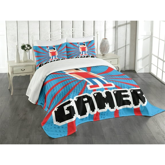 Ambesonne Video Games Quilted Bedspread Set 3 Pcs, Red Blue Stripes, Queen Size, Vermilion White