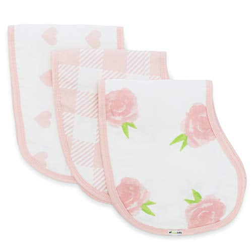 Muslin Burp Cloths, Burpy Bib Set 3 Pack Pink Peony, Heart and Buffalo Plaid