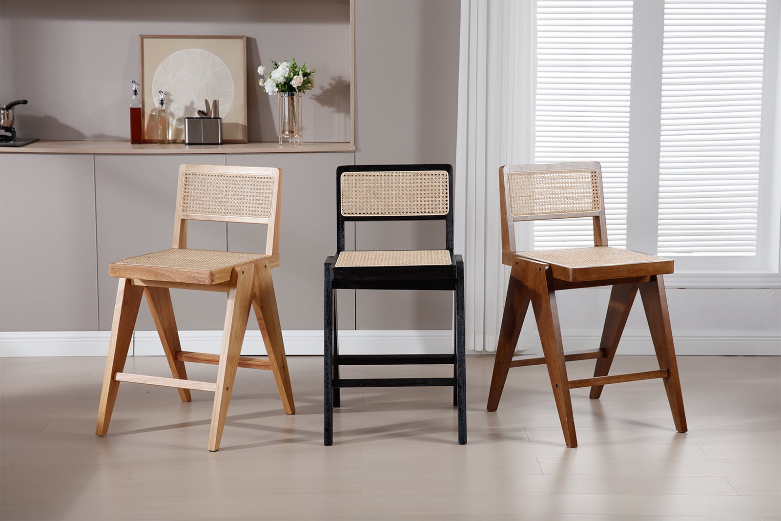 Dayalane 26" Rattan Counter Height Bar Stools Set of 2, French Bar Stools with Cane Back, Wooden Farmhouse Kitchen Chairs Counter Stools with Footrest for Kitchen Island Bistro Bar, Walnut