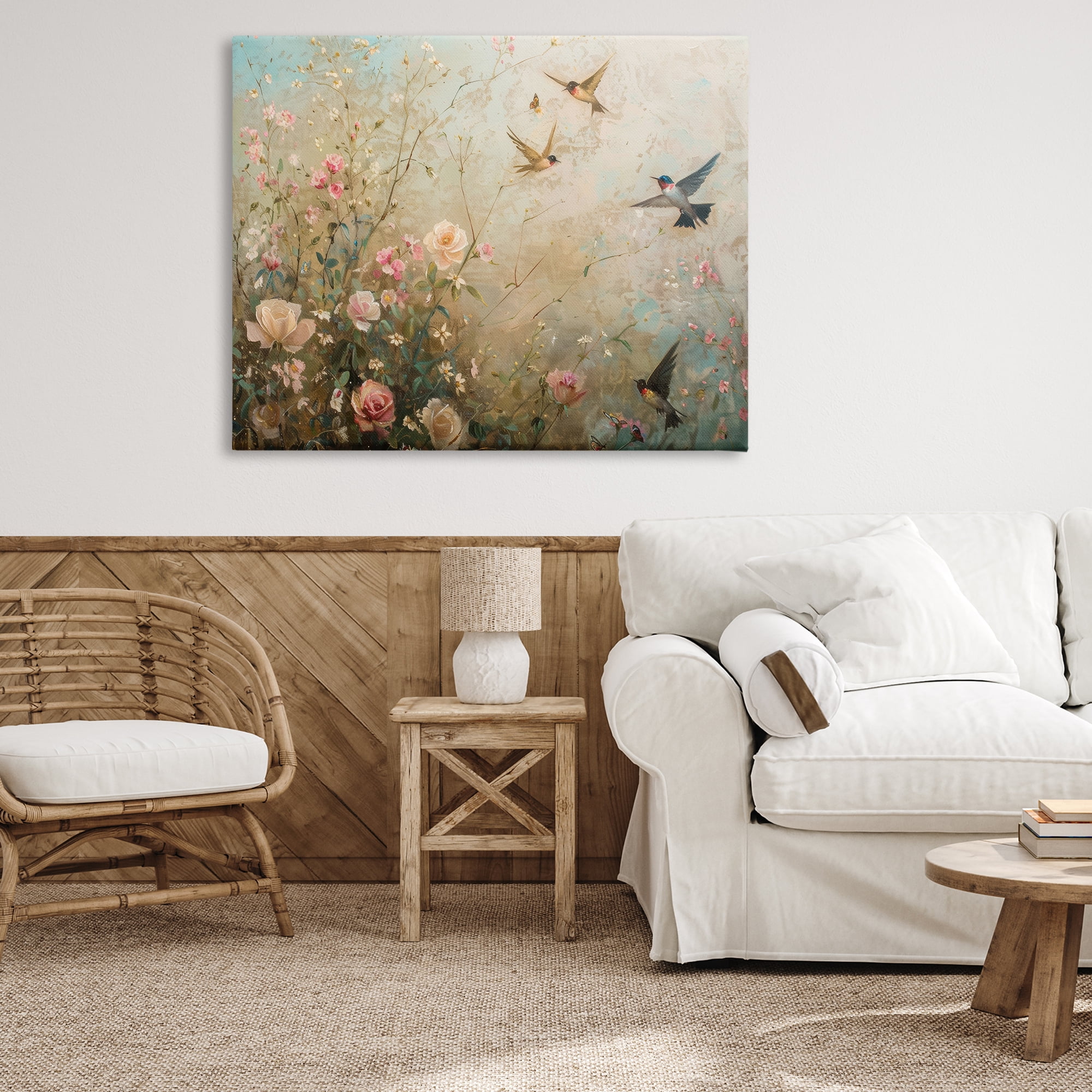 Stupell Industries Spring Meadow Birds Plants & Flowers Painting Wrapped Canvas Art Print Wall Art, 48 x 36