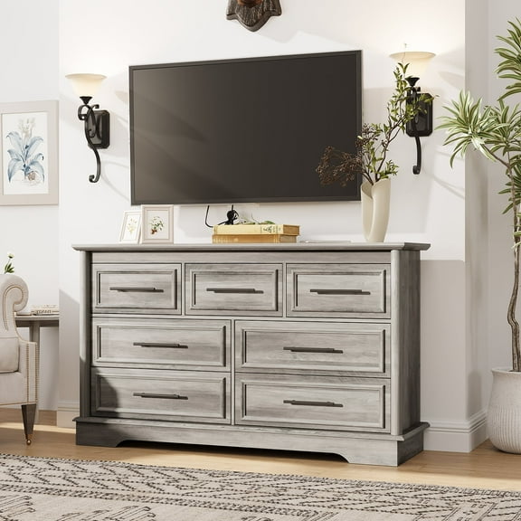 Dresser for Bedroom with 7 Drawers, 54" Wide Wood Chest of Drawers with Large Metal Handles, Modern Gray Wash Chest of Drawers Wood Storage Cabinet for Living Room，Entryway and Hallway