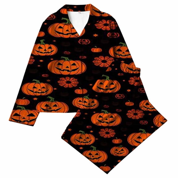 MEZZALL Halloween Pumpkin Print Lapel Collar Pajamas Sets Long Sleeve Button Tops & Elastic Waist Long Pants Kids Sleepwear Relaxed Fit Nightwear