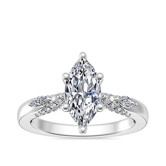 0.70 Ct Solitaire with Accents Style Ring for Engagement and Wedding in Marquise Cut Genuine Diamond and Solid 14K White Gold Size 7