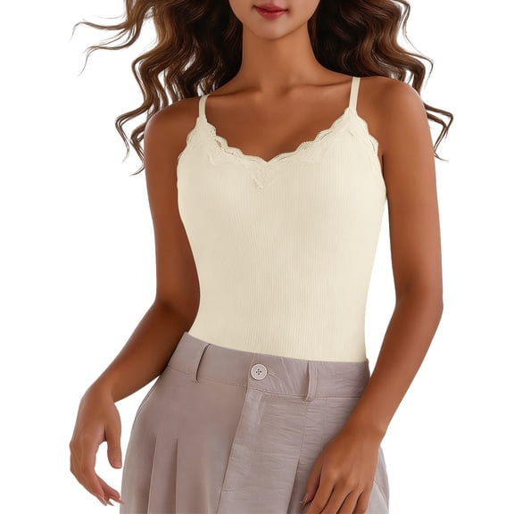 hoksml Women's Ribbed V-Neck Camisole with Scalloped Lace Trim Adjustable Spaghetti Straps Slim Fit Casual Cami Tops