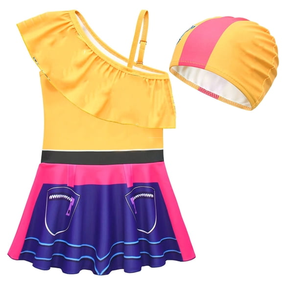 Girls One-Piece Swimsuit with Swimming Cap One Shoulder Singer Costume Swim Dress