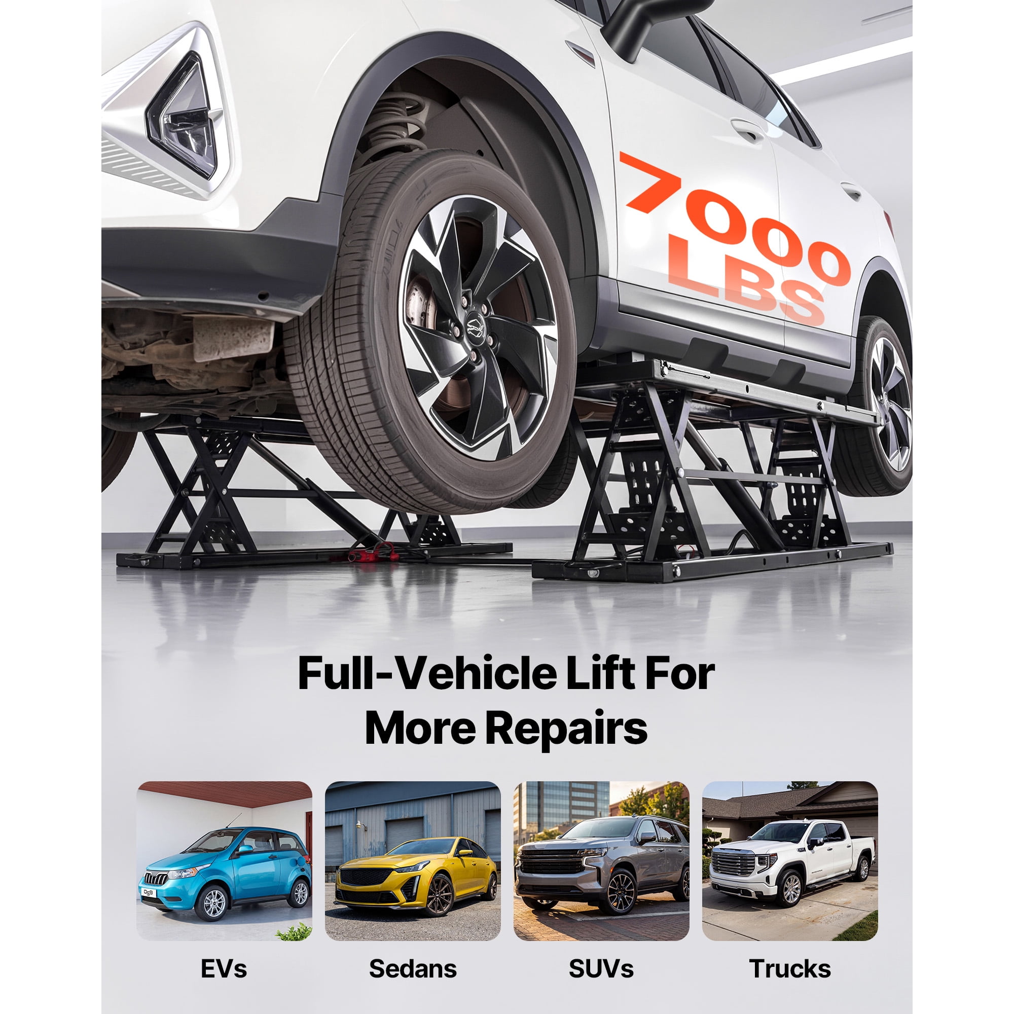 KFFKFF Portable Car Lift, 7000 lbs Capacity, Durable Steel Construction with 26.8" Max Height, Pneumatic Pump, Wheels, 4 Rubber Pads & 4 Lifting Columns