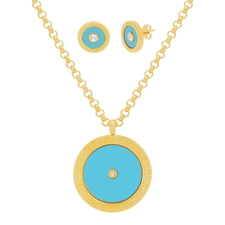 Gold-Tone Stainless Steel Center Cubic Zirconia Turquoise Circle Earring and Necklace Set