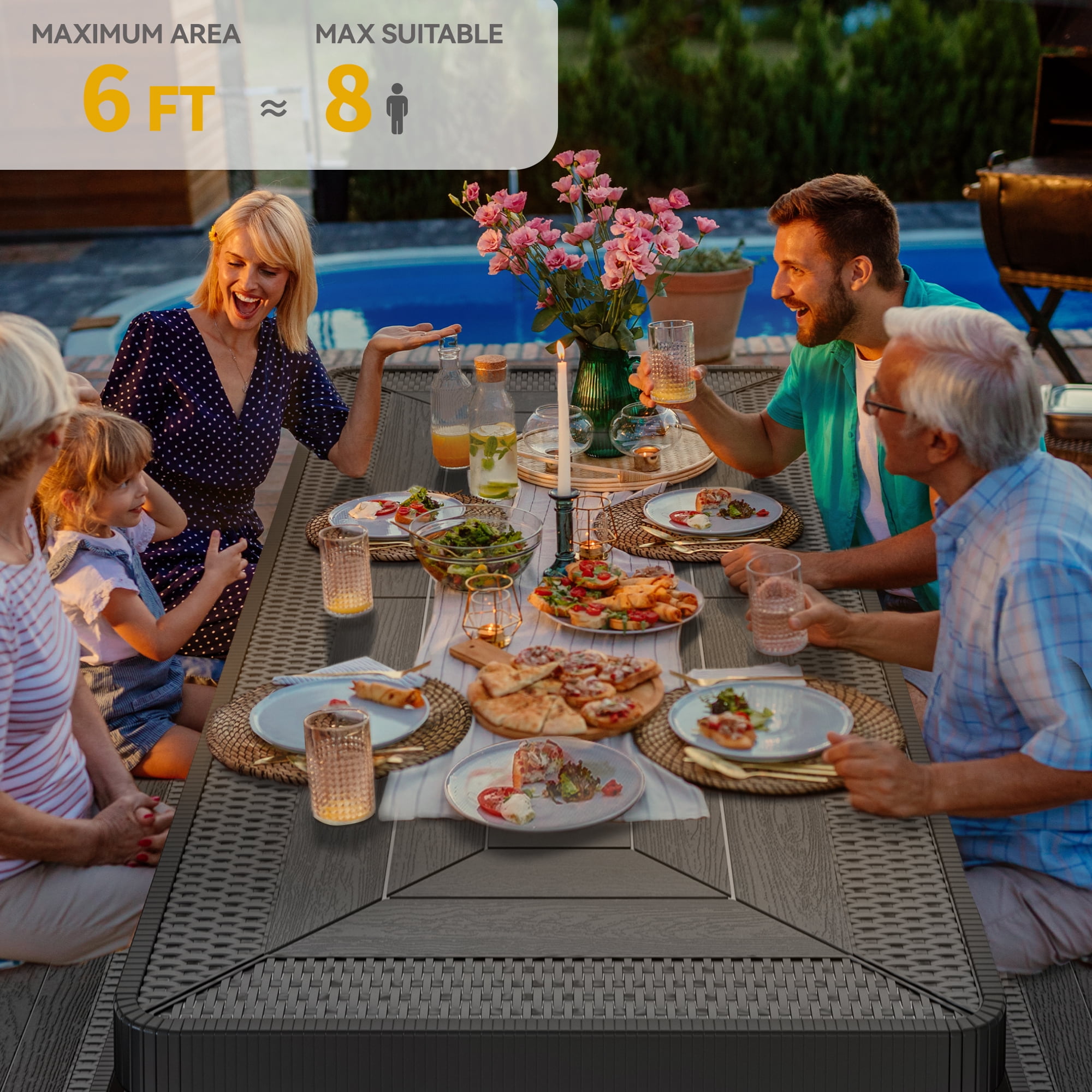 Dextrus Rattan Texture Folding Picnic Table, 6FT Outdoor Table with Durable Tabletop & Sturdy Steel Frame, Built-in Umbrella Hole for Yard, Patio, Lawn Gatherings, Black