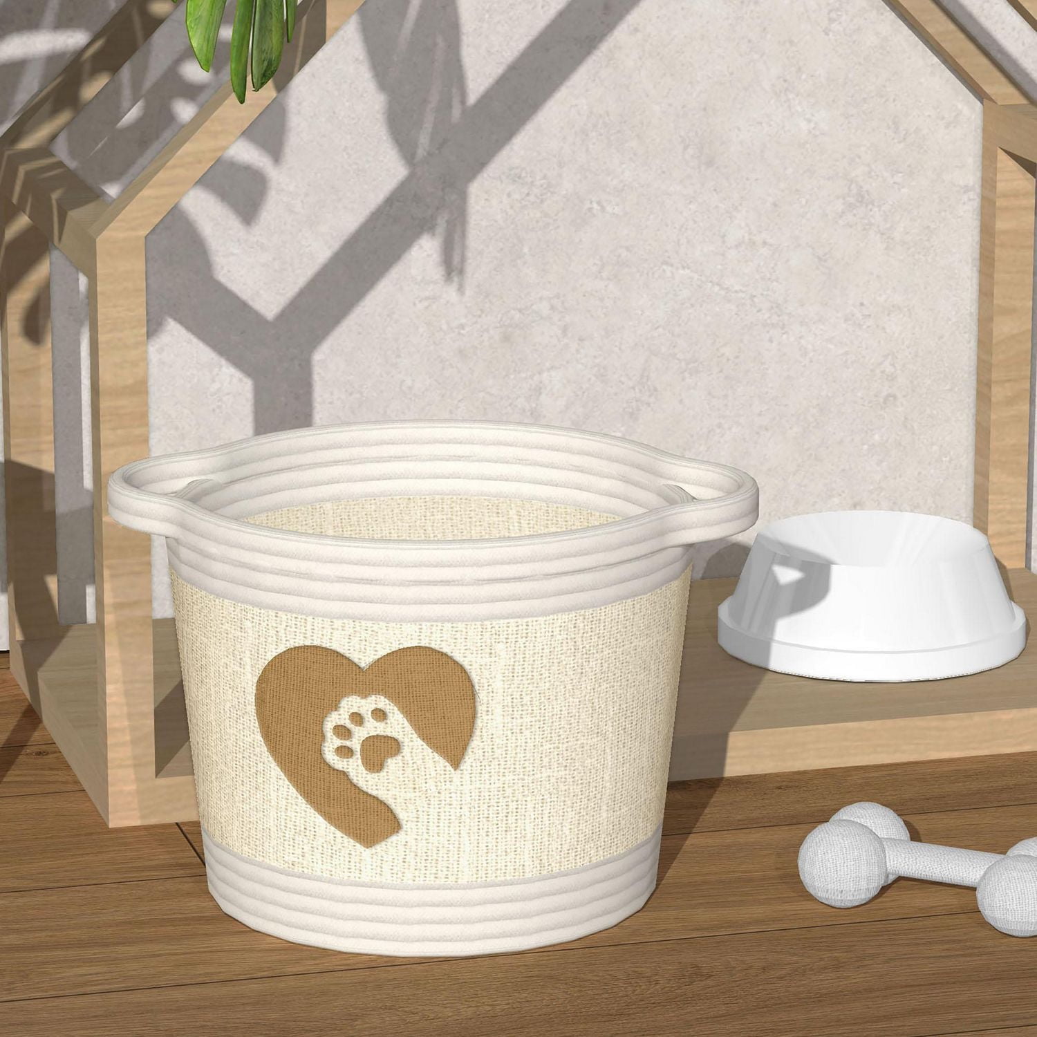 Textured Linen and Cotton Rope Storage Basket, Pet Theme with Cat Paw Print Design