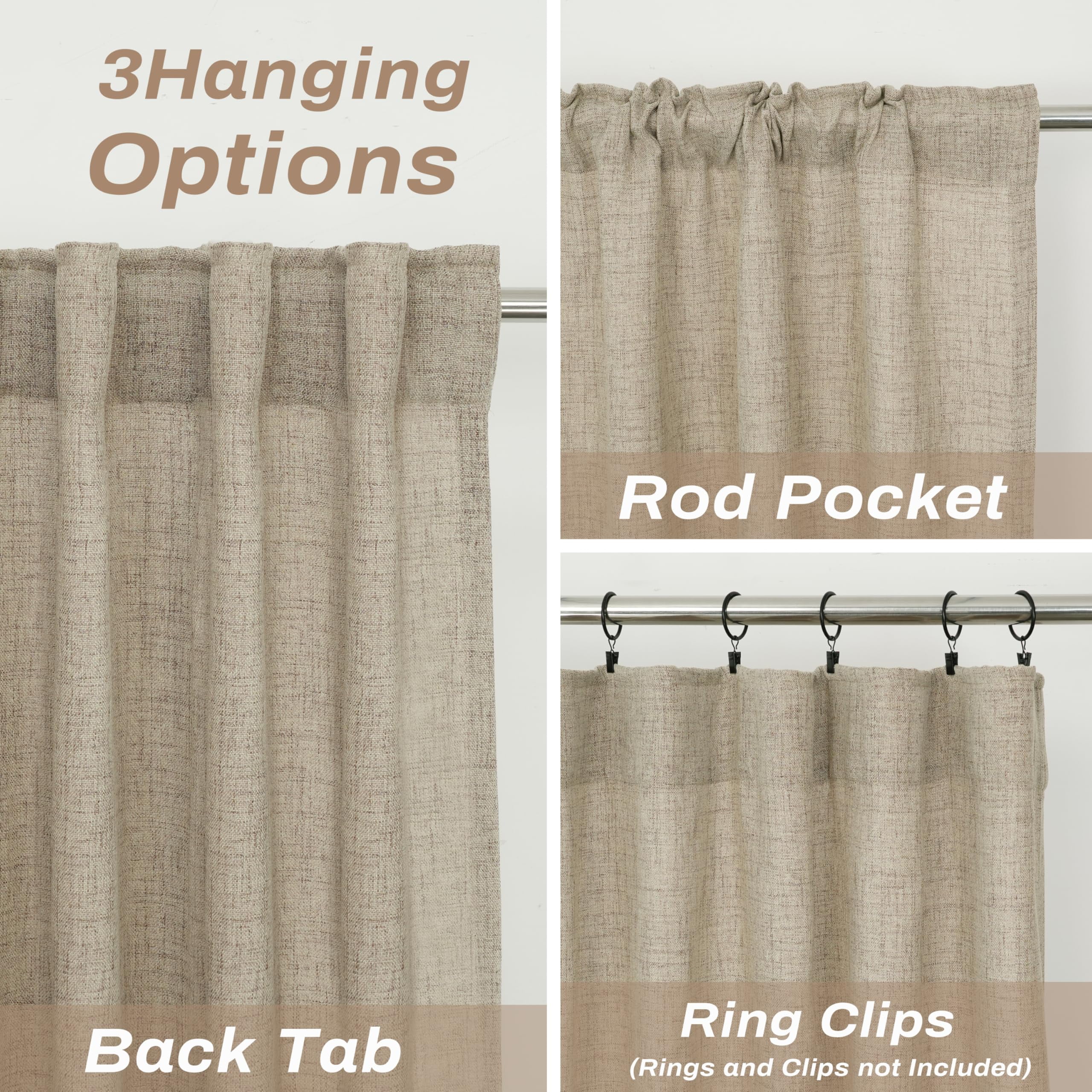 DriftAway Khaki Linen Curtains 108 Inches Long for Living Room Thick Semi Sheer 2 Panels Farmhouse 3 Inch Rod Pocket Back Tab Boho Rustic Light Filtering Window Drapes for Bedroom Privacy Assured