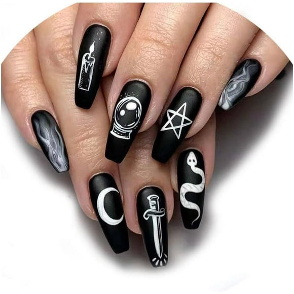 24 Pcs Press on Nails Black Star and Moon Fake Nail Long Snake False Nails Matte Acrylic Nail for Women and Girls