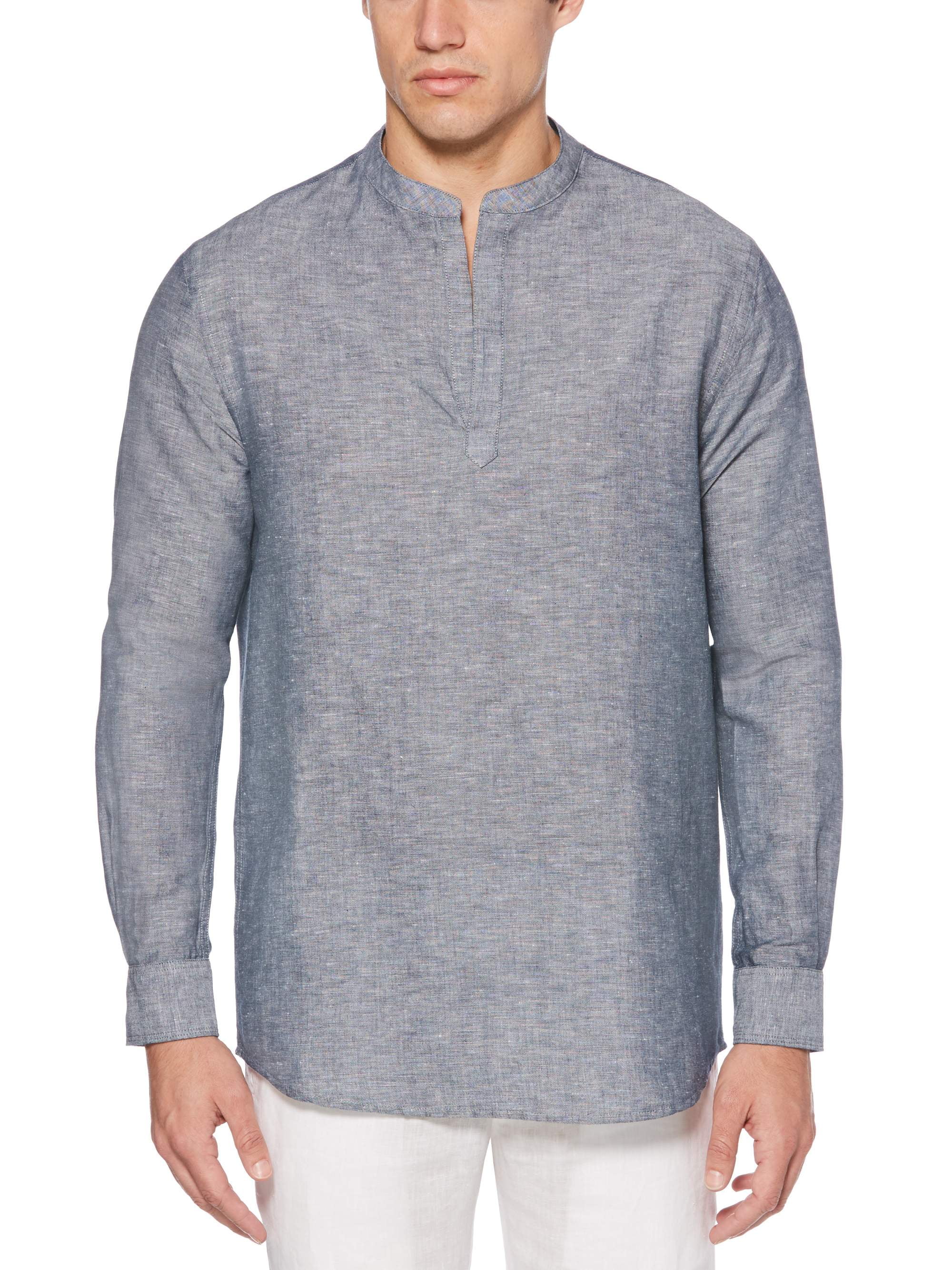Perry Ellis - Long-Sleeve Solid Linen Cotton Popover Shirt - Walmart ...