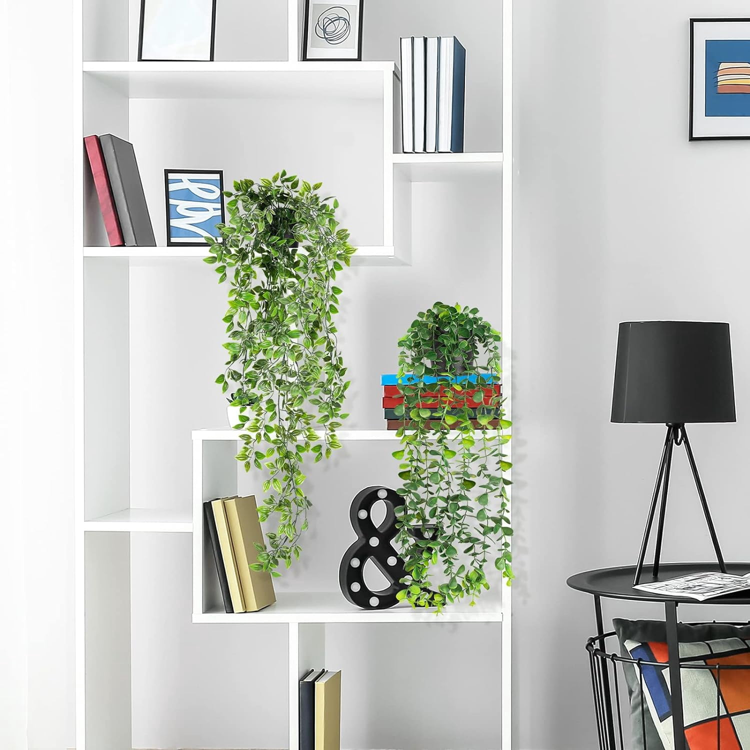 Artificial Hanging Plants, 2 Pack Fake Hanging Plant Fake Potted Greenery Plants Faux Eucalyptus Vine, Mandala Vine in Pot for Home Room Indoor Outdoor Shelf Decor