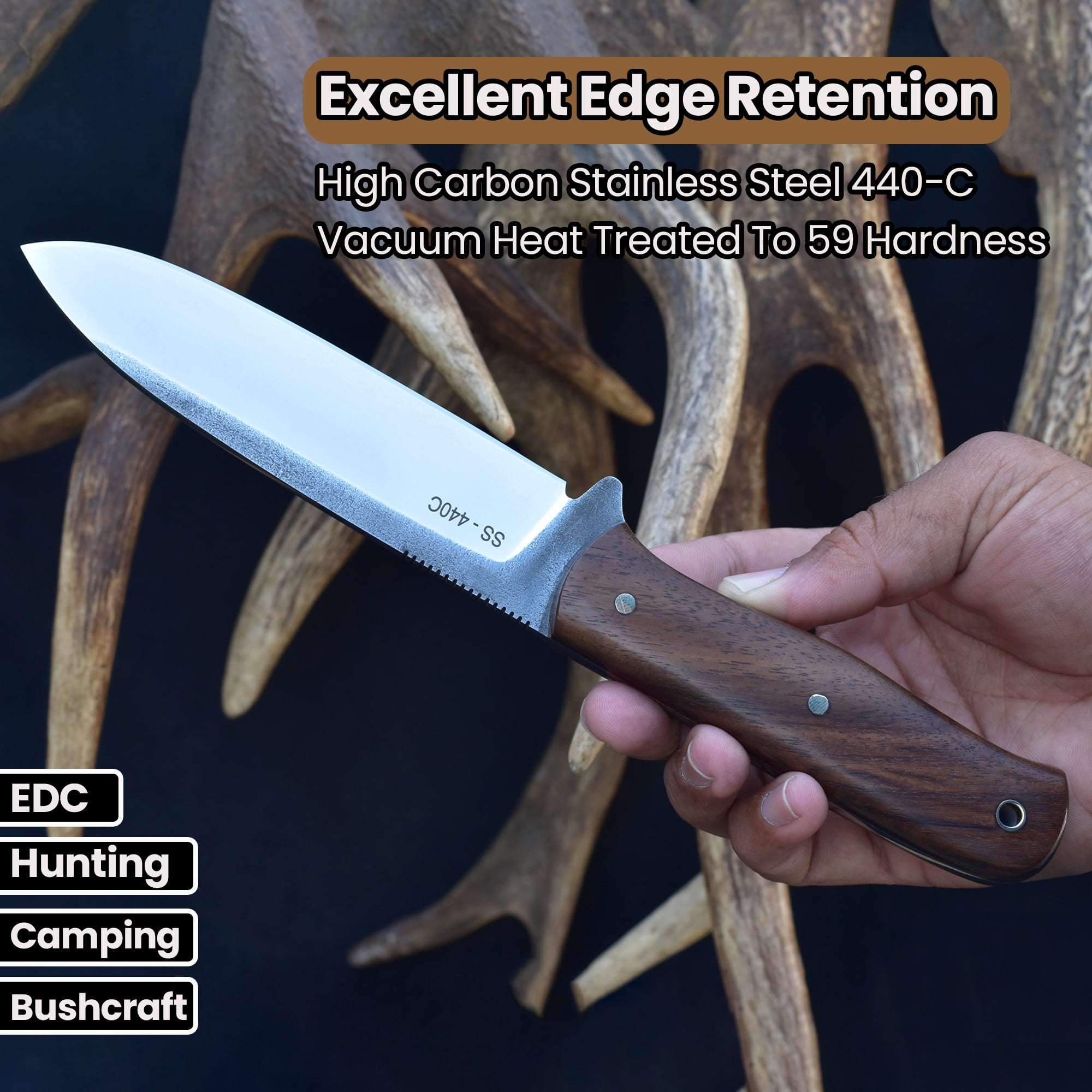 Knives Ranch 3091 440C Steel Bushcraft Knife with Rosewood Handle – Fixed Blade Outdoor Knife for Camping, Survival, Hunting & Utility Use