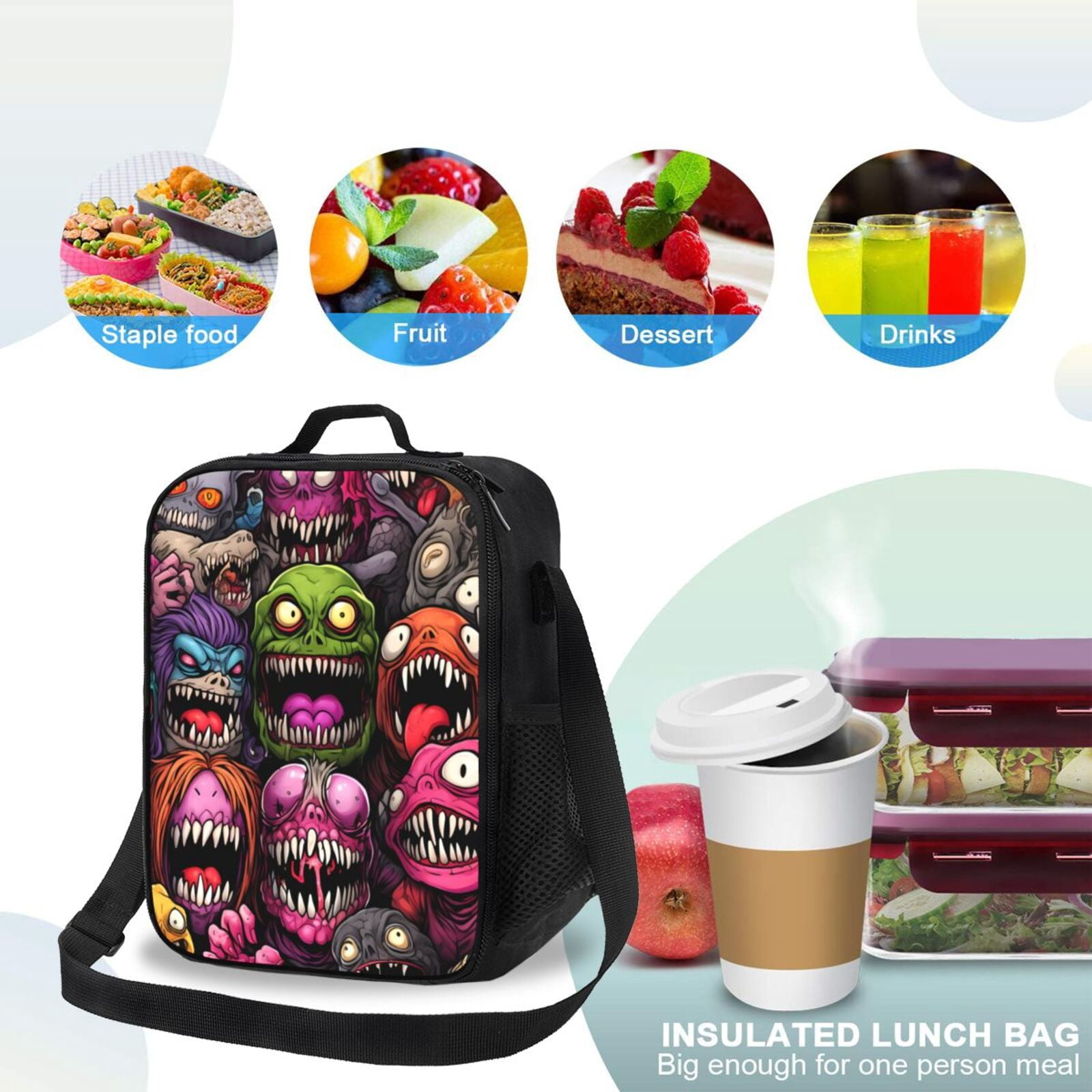 Ratiio Monstrous Cartoon Characters Print Lunch Box - Reusable Lunch Bag Men Adult Women- Insulated LunchBox