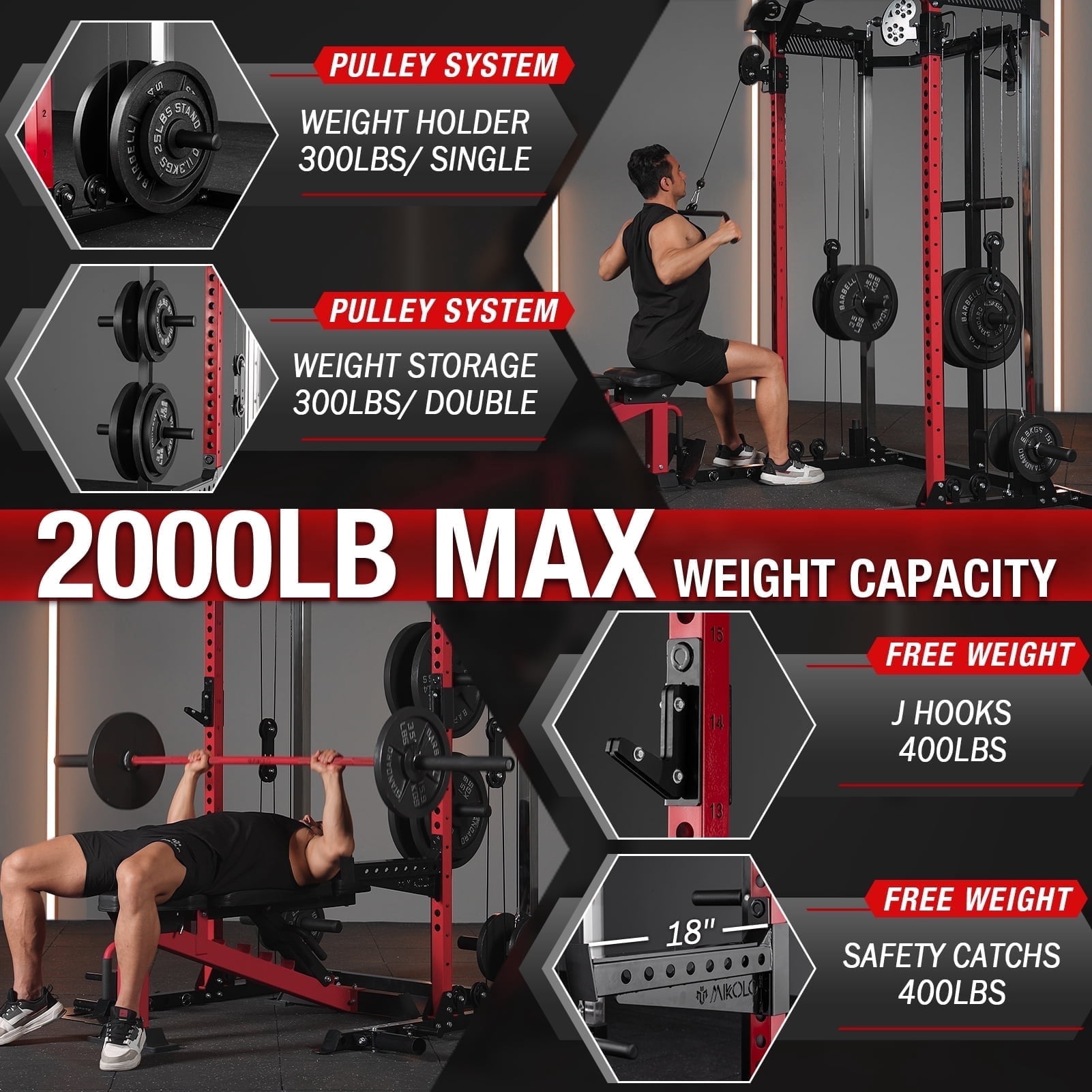 Mikolo Power Rack Cage, Weight Rack with Dual Pulley Cable Crossover Machine,Multi-Function Squat Rack with J Hooks,Dip Bars and Landmine for Home Gym