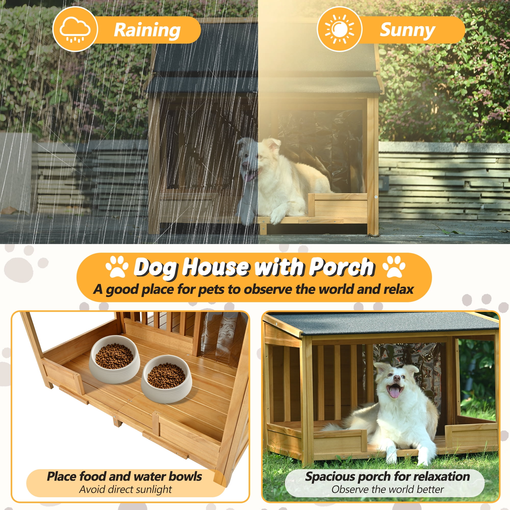 FFZ 60.2" Large Outdoor Dog House Insulated Liner Winter Waterproof Kennel Medium Porch Elevated