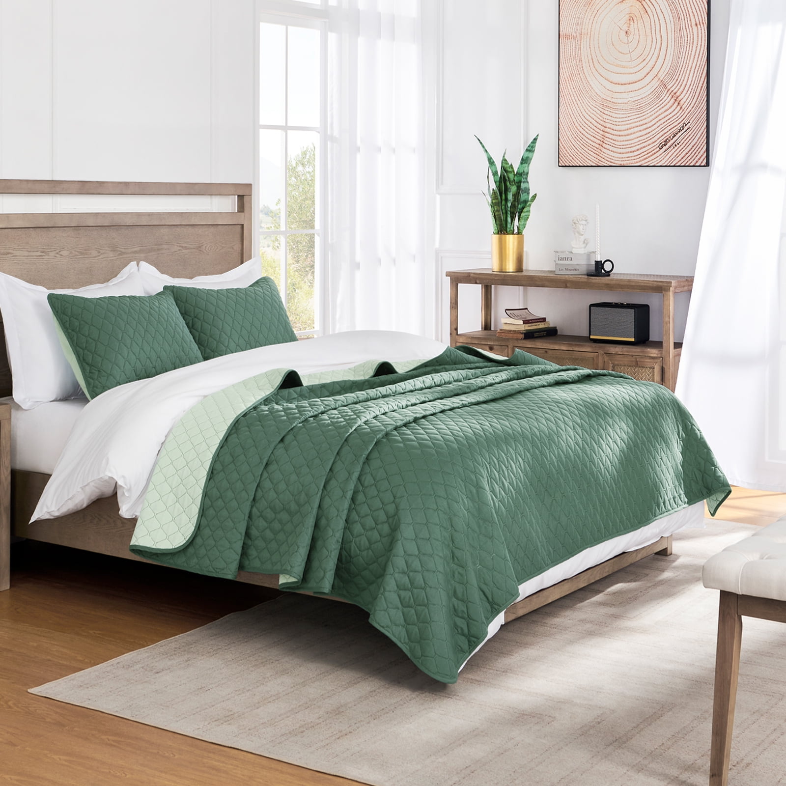 Exclusivo Mezcla King Size Quilt Set, 3-Piece Lightweight King Quilts Soft Bedspreads Bed Coverlets, Dark Green, 104"x96"