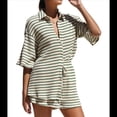 thumbnail image 3 of Conjunto de Verano para Mujer: Camisa de Rayas de Algodón y Pantalones Cortos, Dos Piezas Verde XL, 3 of 10