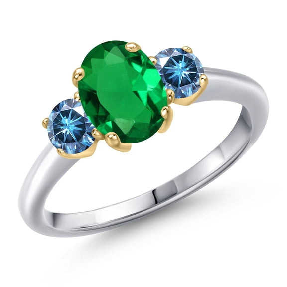 Gem Stone King 10K Two Tone Gold Green Nano Emerald and Persian Blue Moissanite Engagement Ring for Women | 1.21 Cttw | Oval 8X6MM | Gemstone May Birthstone | Size 7
