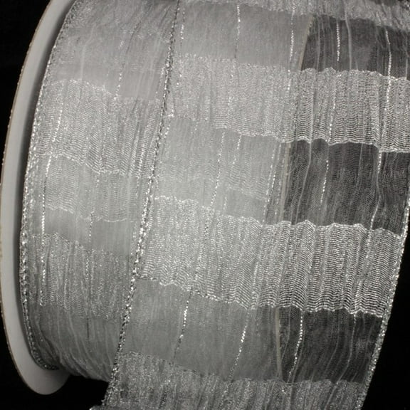 The Ribbon People White and Silver Sheer Isadora Plaid Wire Edged Craft Ribbon 3" x 20 Yards